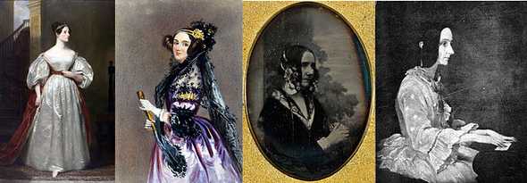 Portraits of Ada ranging from vibrant purple, regal looking, to more toned town seated at a piano to the one photograph of her in black and white