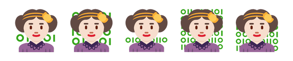 Ada Lovelace emoji with varying amounts and sizes of green binary in the background