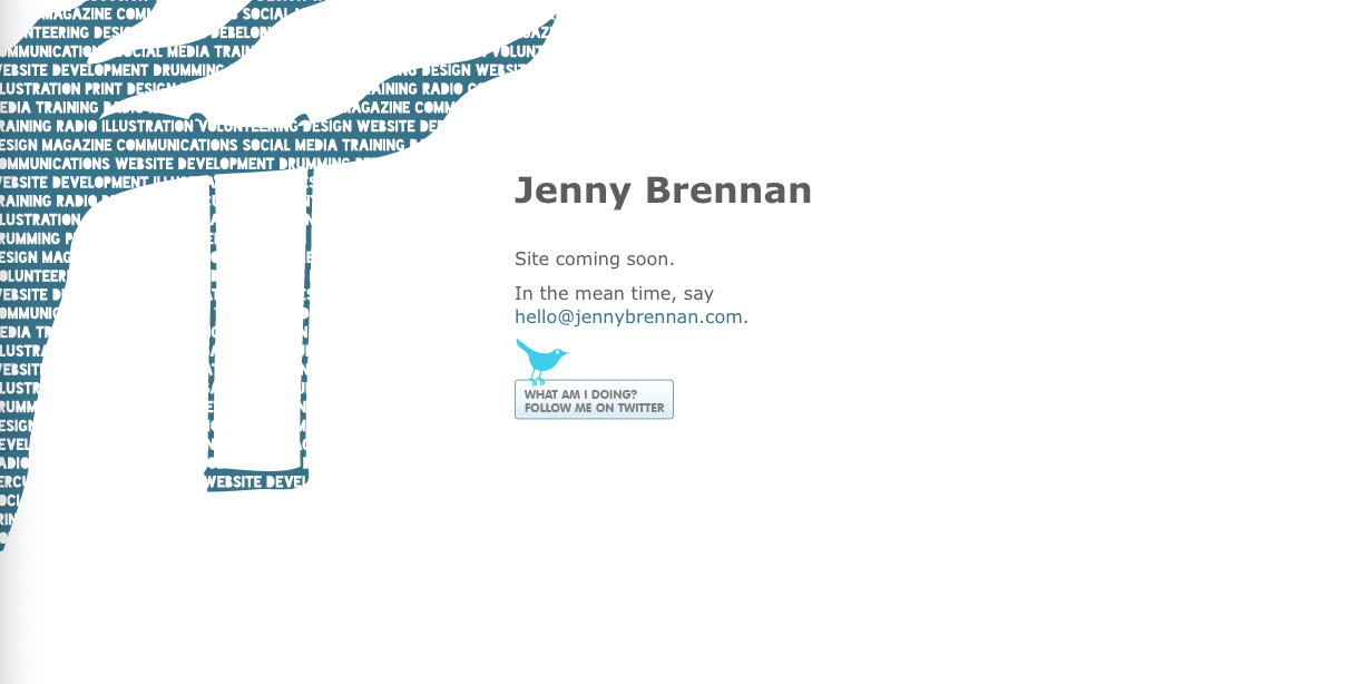 Placeholder page with abstract tree and swing and retro Twitter button to @jennyhbren