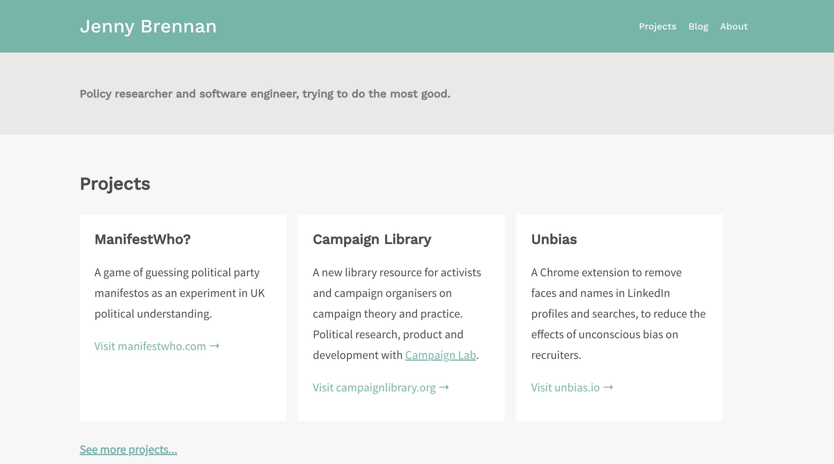 Sea green header, with grey subheading reading: policy researcher and software engineer trying to do the most good above tiled text boxes describing projects.