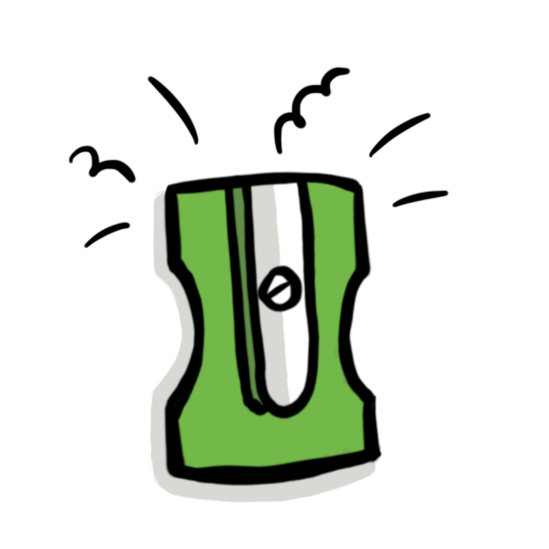 Green pencil sharpener cartoon with sparks flying
